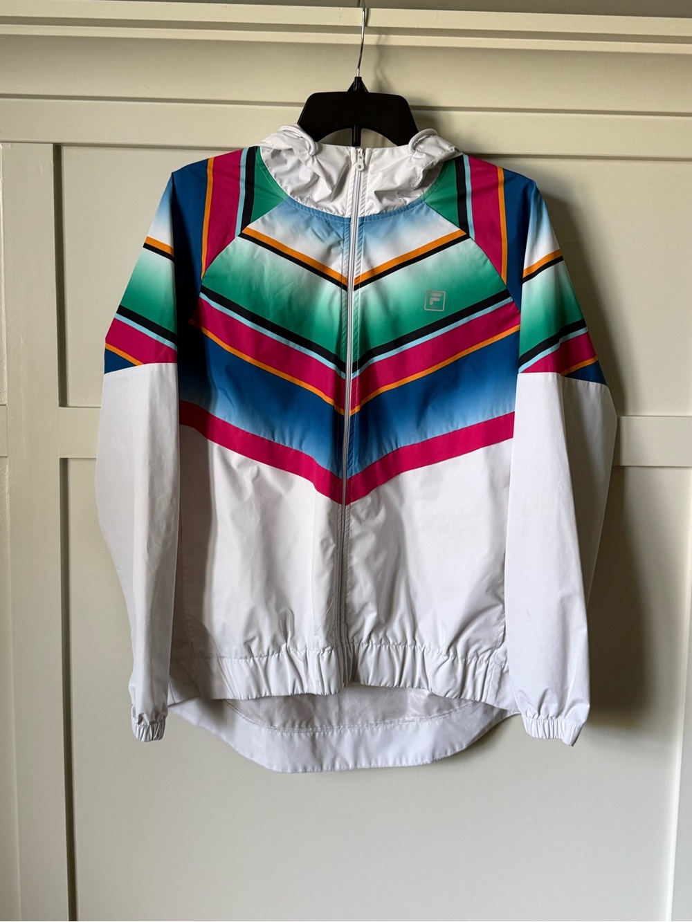 Fila Sport Hooded Jacket in White and Light Blue, Pink, Green Accent